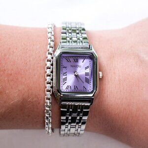 y2k silver stainless steel quartz watch w/ purple square face